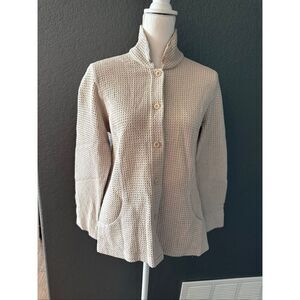 Eileen Fisher Cream Waffle Knit Stand Collar Jacket Cardigan Medium